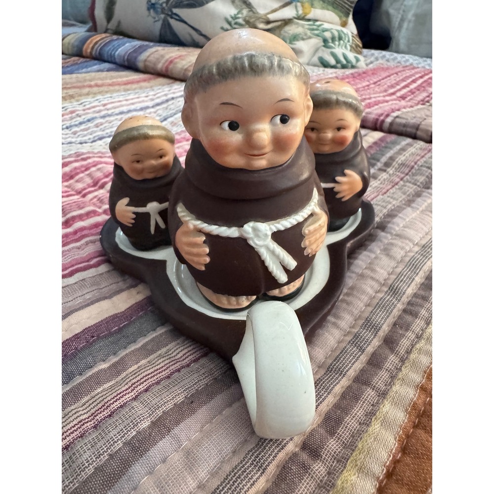 Vintage Goebel Friar Tuck Monk Salt Pepper Mustard Set with Tray West Germany
